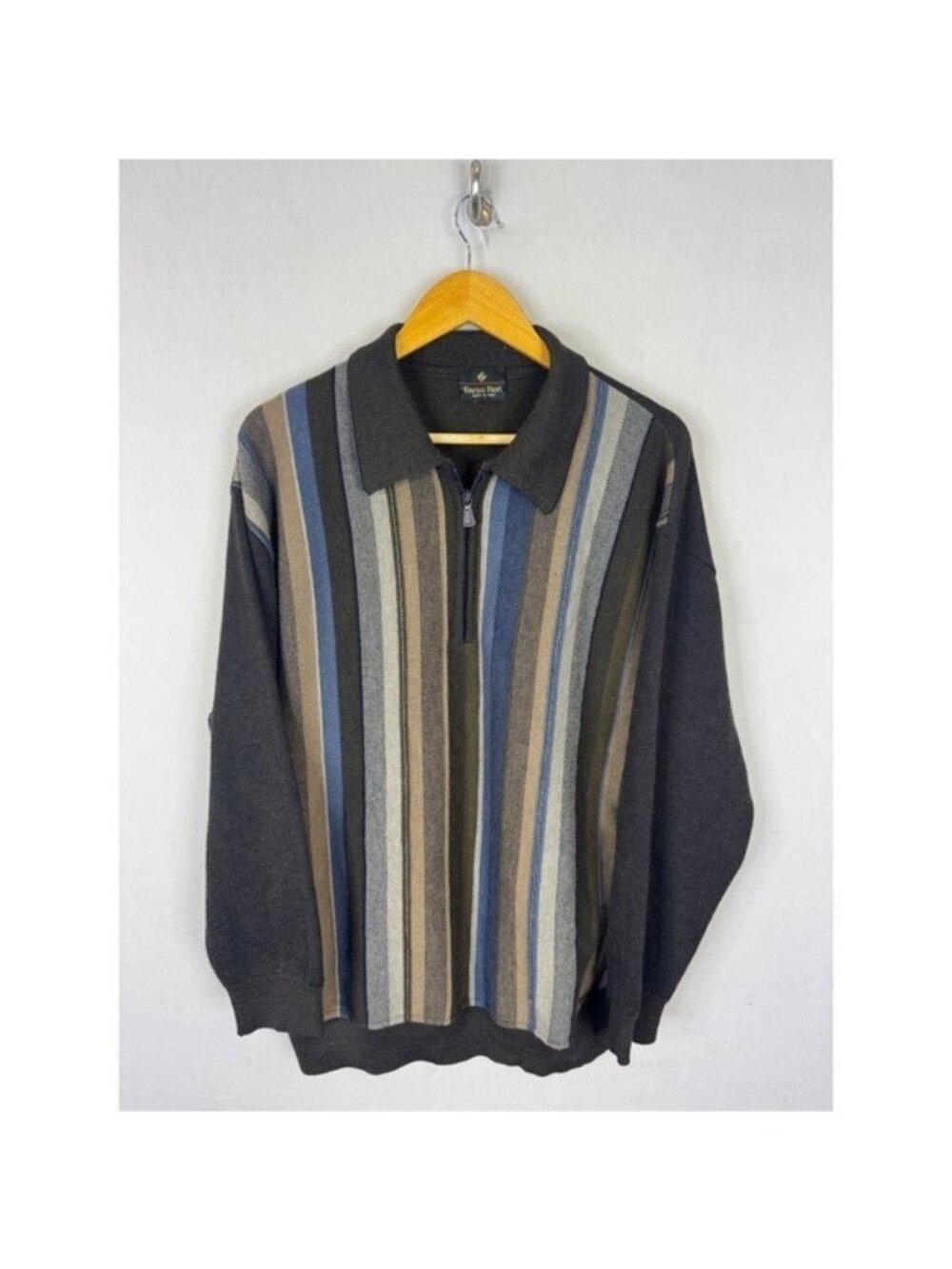 Enrico Fiori Mens XL Quarter Zip Merino Wool Blend Striped Sweater Made in Italy